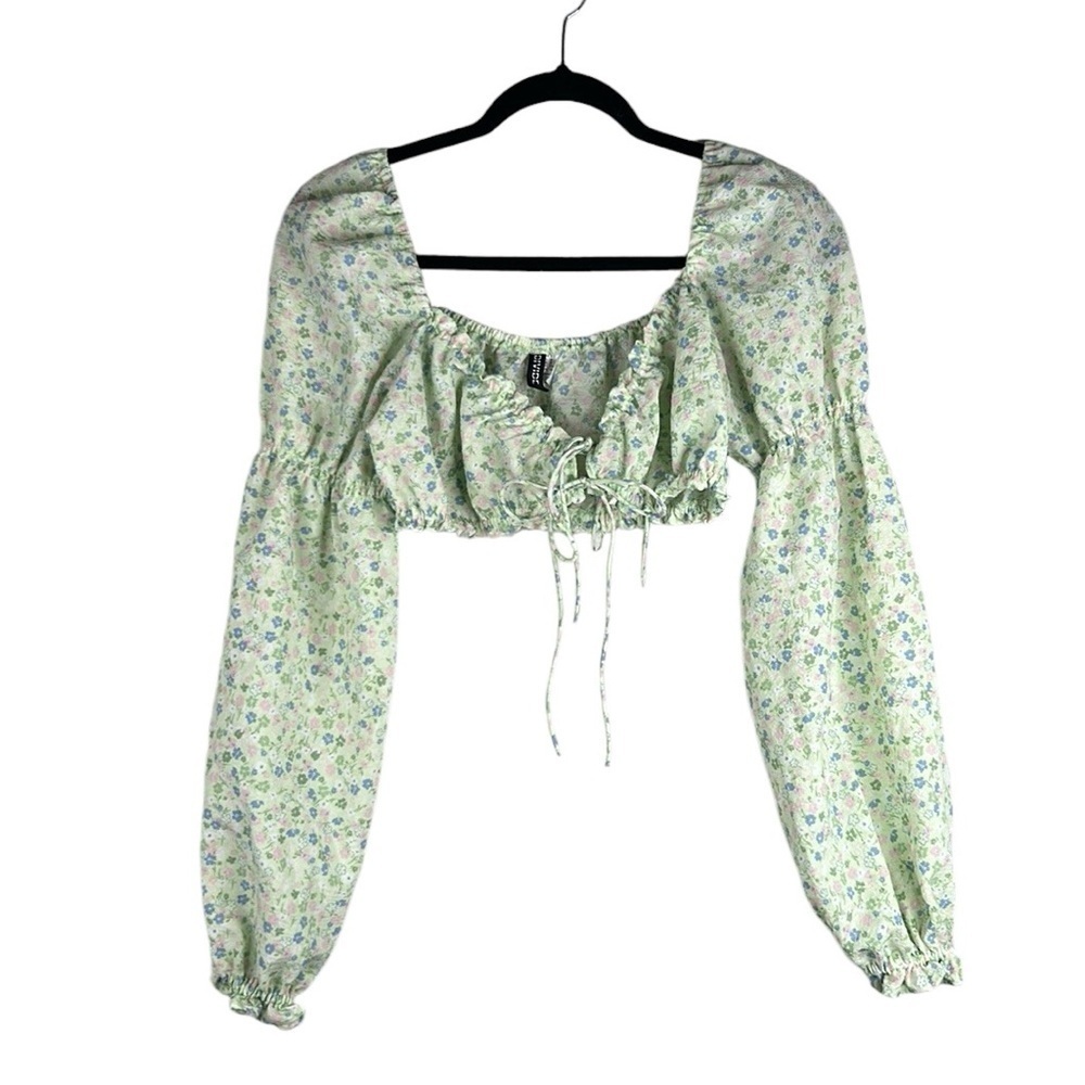 H&M Green Floral Boho Cottagecore Fairy 90's Y2K Cropped Long Sleeve Top Size S